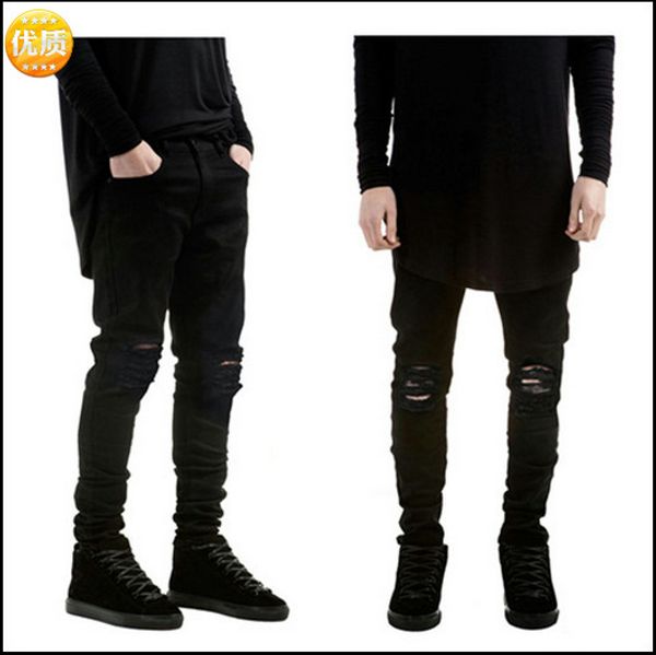

black slim fit pants elastic jeans high street popular brand pure men 's slim fit cross-border foreign trade denim trousers male, Blue