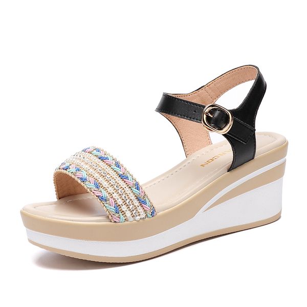

sandals 2021 summer shoes woman platform wedges heel soft leather casual open toe women with 35-40, Black