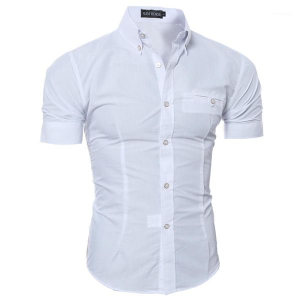

single breasted homme summer mens shirts short sleeve business formal slim shirts casual solid color, White;black