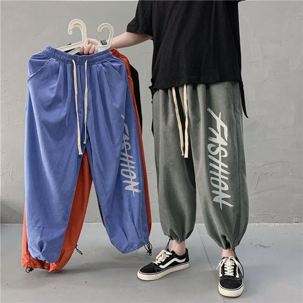 

men's pants 2021 arrival all-match letter printed drawstring straight beam feet male high waist pleated ankle-length trousers w12, Black