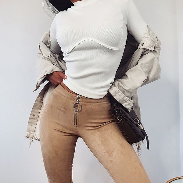 

2020 high street women suede pants high waist suede fabric skinny pencil pants with front hoop zipper ladies slim trousers, Black;white