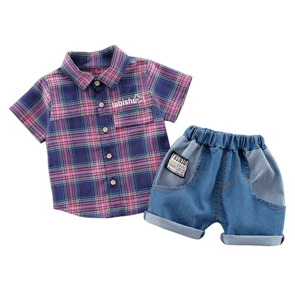 

baby clothes new summer boy shirt set plaid print blouse shirt+shorts children casual short sleeve outfits sets, White
