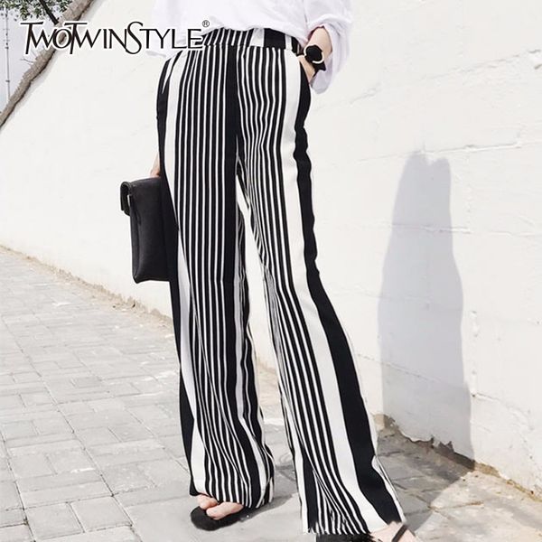 

twotwinstyle striped wide leg pant for women chiffon elastic high waist large size long trouser spring female fashion clothes, Black;white