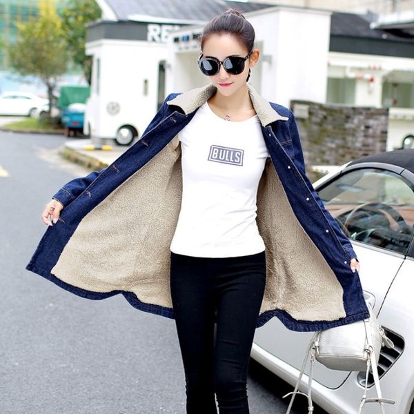 

kmzox denim 2019 winter new large size women's clothing korean windbreaker coat coat style fashion mid-length lamb fleece slim thickene, Tan;black