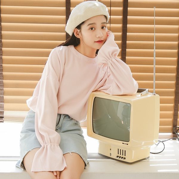 

kw52n 2019 autumn new korean style loose all-match solid color lazy style drawstring flared sleeve round neck for women sweater swea, White;black