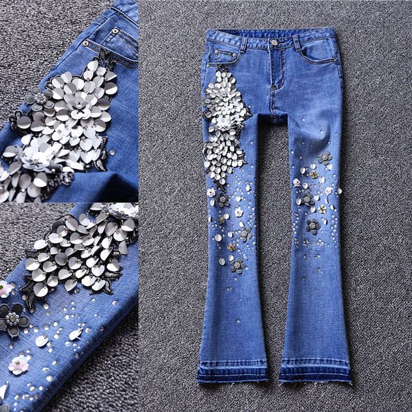 

2020 summer new fashion diamond sequins jeans women embroidery flower flare jeans, Blue