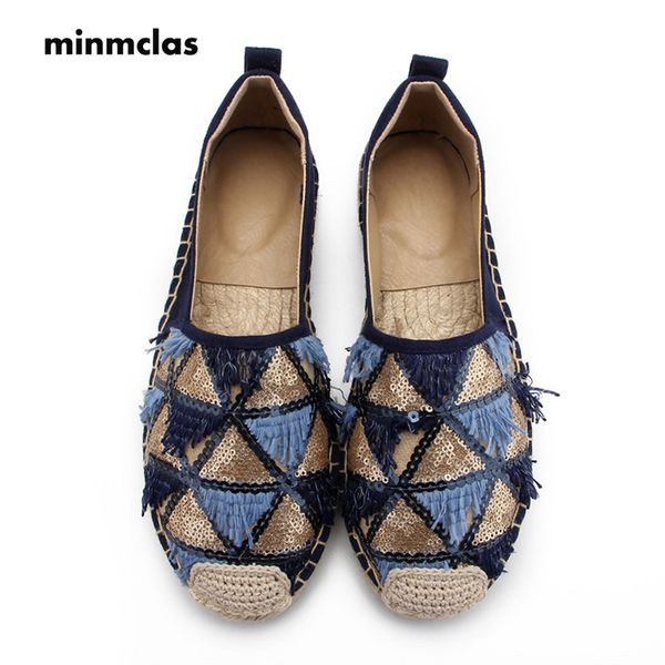 

minmclas alpargatas espadrilles bling comfortable slip-on womens casual slippers breathable flax canvas girls tassel sequin, Black