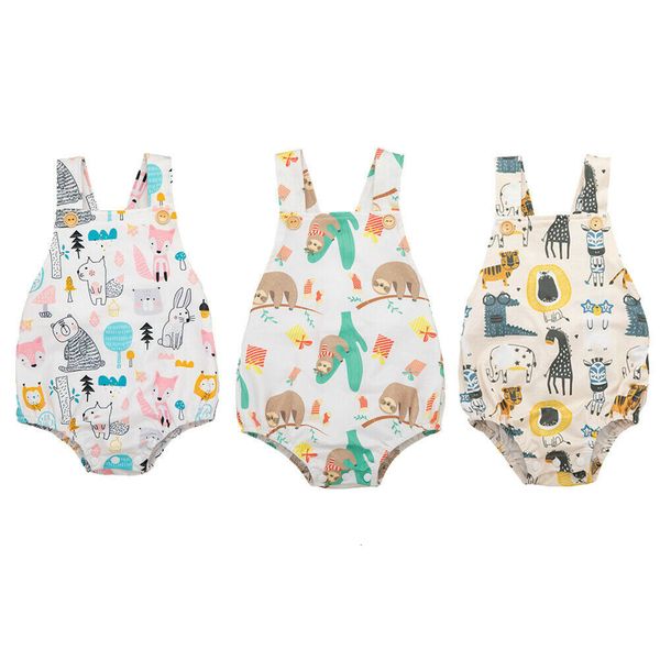 

cute newborn baby boy girl sleeveless cartoon animal print cotton bodysuit jumpsuit playsuit outfits summer clothes, Blue