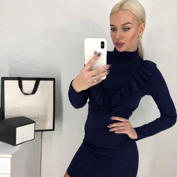 

women vintage ruffled sheath party mini dress long sleeve o neck solid twill elegant casual dress 2020 winter new fashion women dress, Black;gray