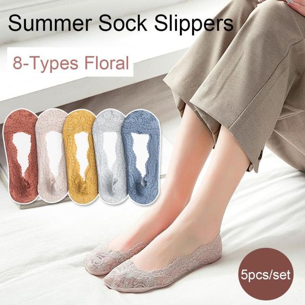 

socks & hosiery 5 pairs summer transparent thin sock slippers for women candy color lace non-slip no show mesh, Black;white