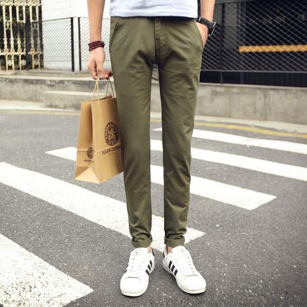 

spring casual breathable mens cargo pants long slim fit men trouser solid straight trousers fashion quality band pencil pant, Black