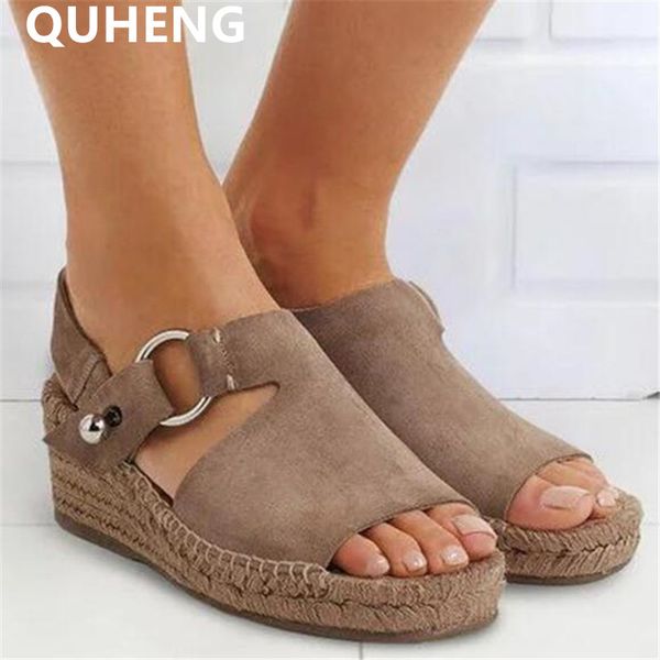 

suede women's sandals 2020 summer peep toe platform sandalias wedges light bottom rope woman shoes buckle strap fashion new, Black