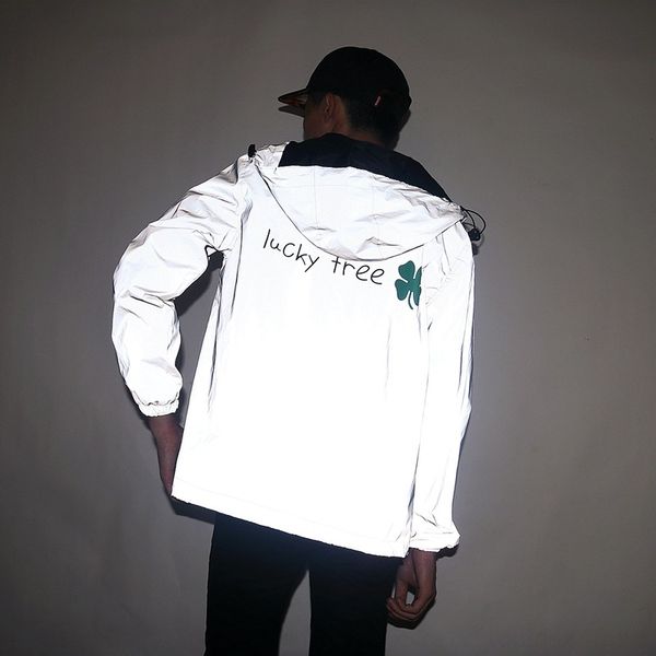 

lermc coconut tree full windbreaker coat body reflective coat clothes men and women couple hooded windbreaker luminous hip hop autumn double, Tan;black