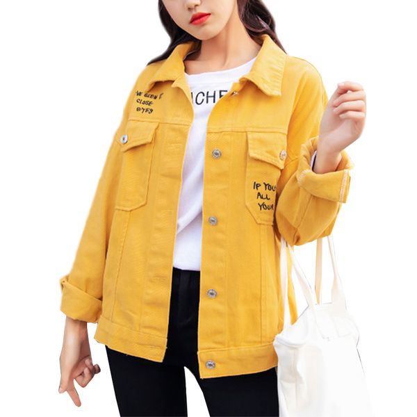 

female denim jacket embroidery letters harajuku yellow beige pink coat casual boyfriend jeans jacket women windbreaker outwear, Black;brown