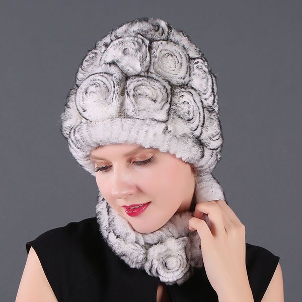 

two-in-one autumn winter warm fur cap accessories thick warm wool beanies women knitted rose hat scarf set, Blue;gray