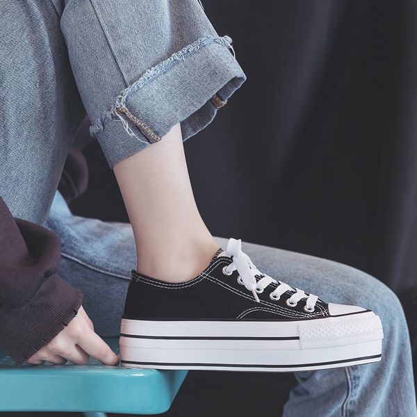 

leopard platform high heel canvas vulcanized sneakers new arrival women flat jogging breathable casual shoes mx200801, Black