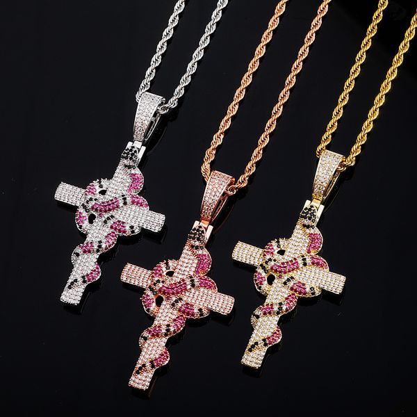 

hip hop cubica zirconia stone setting bling iced out animal snake cross pendants necklace for men women rapper jewelry, Silver