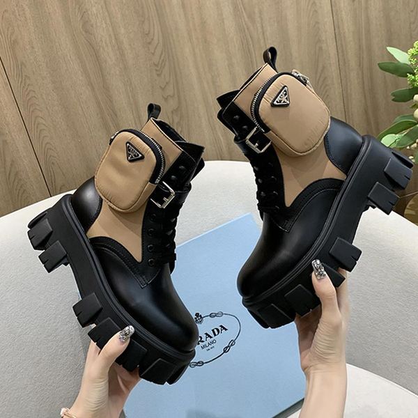 

2020 luxury designer womens lace up short boots,womens leather thick sole fashion boots roman boots with zipper pouch size 35-40 050, Black