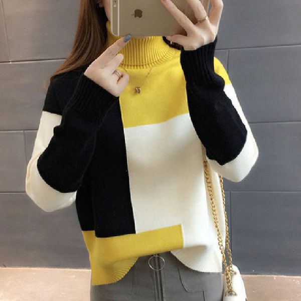 

lucyever patchwork women pullover sweater autumn loose o neck long sleeve knitted thick korean fashion female jumper sweater top, White;black