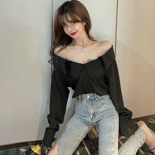 

design two-piece womens 2020 early autumn new diamond chain strap heart machine off-shoulder shirt ripped jeans, Blue