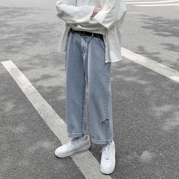 

korean straight jeans men's fashion washed retro casual blue ripped jeans men streetwear loose hip hop hole denim pants s-2xl