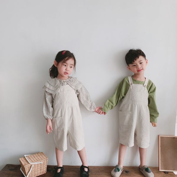 

2019 autumn jumpsuit body jumpsuit children's korean loose one-piece belt pants front large pocket belt pants, Blue