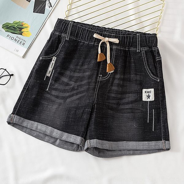

large size high waist stretch lace-up denim women's summer 200kg fat mm loose slimming versatile black breeches shorts and shorts, Blue