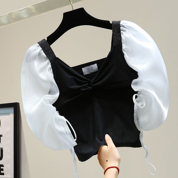 

blusas de mujer korean style chic summer slim t-shirt fashion elegant chiffon stitching drawstring knitted casual all-match top, White