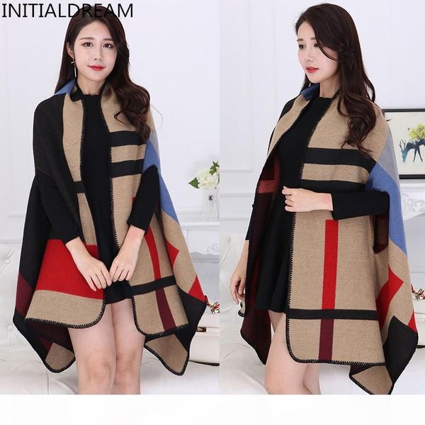 

shawl scarf women 2019 autumn winter poncho vintage blanket lady knit shawl cape cashmere classic plaid style thick warm scarf, Blue;gray