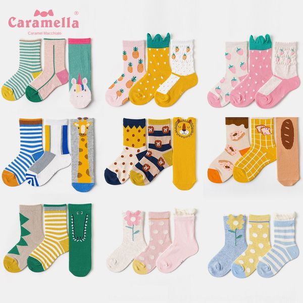 

caramella korean cartoon children's kids kids 3 pairs of children's cotton socks cute pure cotton baby's fashionable socks, Pink;yellow