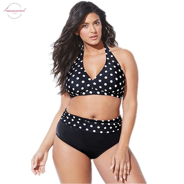 

plus size bikini for chubby big women vintage swimsuit high waist polka dot bikinis swim bathing suit print helter neck, White;black