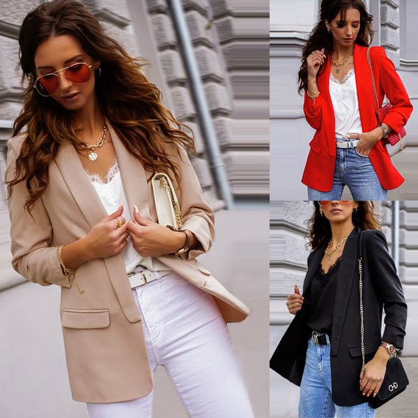 

autumn fashion blazer jacket women 2020 casual lapel pockets long sleeve blazer coats ladies office work coat solid slim blazers, White;black