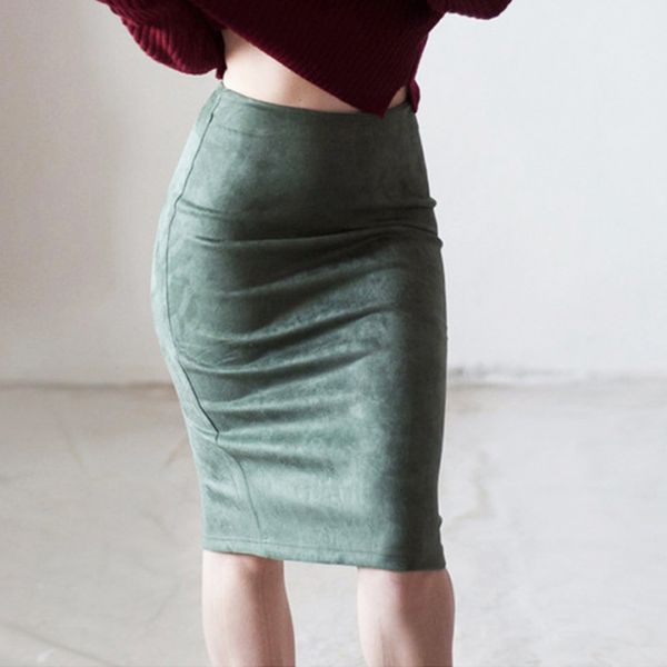 

spring autumn chic pencil skirts office look natural waist knee length solid skirt casual slim hip placketing, Black