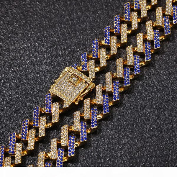 

fashion iced out chains prong cuban link chains necklaces 15mm mutil-colored blue black rhinestones hiphop jewelry men necklace, Silver