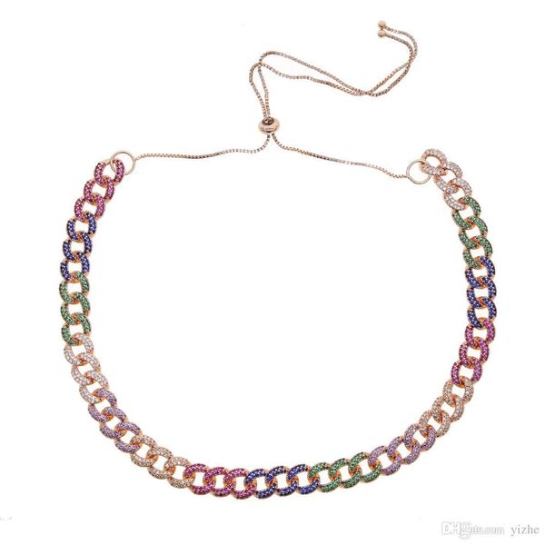

iced out women choker necklace rose gold metal cuban link full with rainbow colorful cubic zirconia stones chain jewelry, Silver