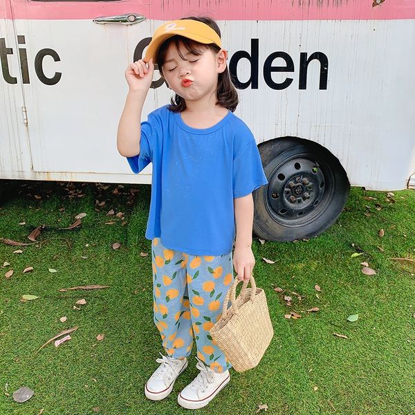 

2020 girls new korean mask color all-match solid color boy round collar short sleeve candy t-shirt candy t-shirt top, Blue