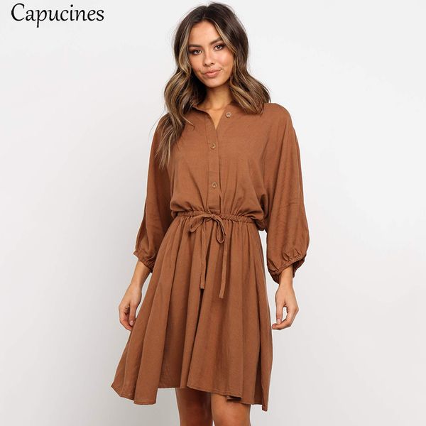 

casual dresses women's wrist sleeves loose cotton dress autumn lantern sleeve short sashes button elegant brown mini, Black;gray