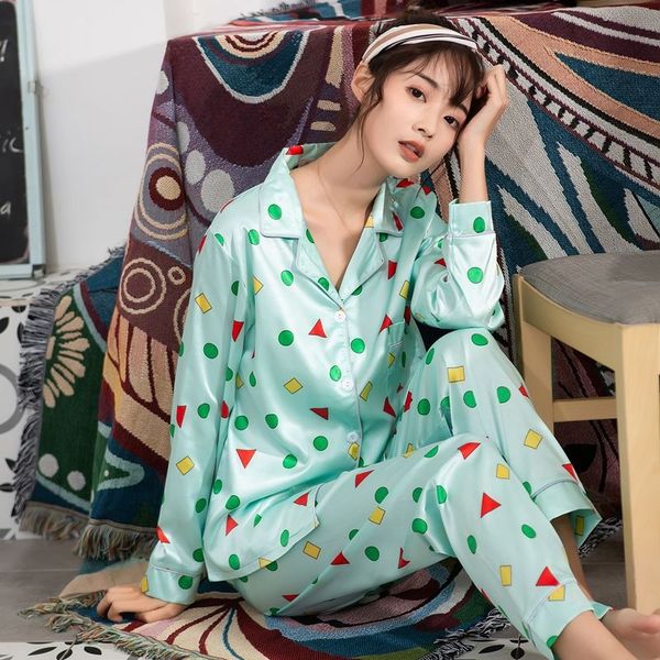 

crayon clothes home small new imitation silk pajamas women's long sleeve autumn cartoon geometric silk home suit women, Blue;red