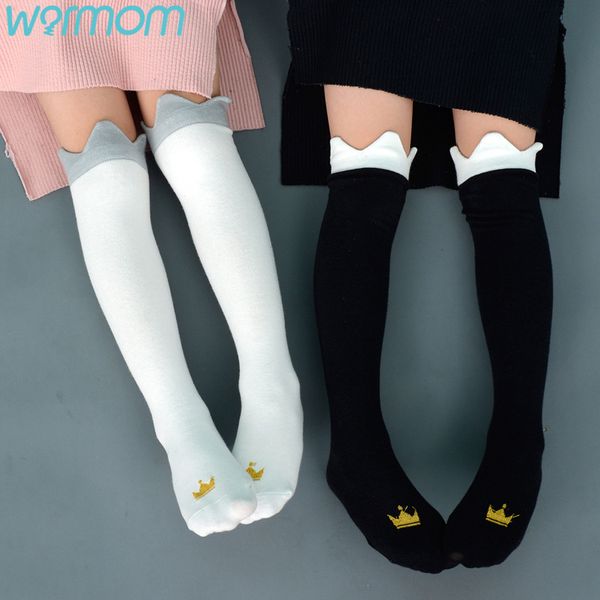 

warmom 1 pair kids socks pure cotton printed crown/smile face knee high socks age 3-8 beauty girls fashion kawaii style, Pink;yellow