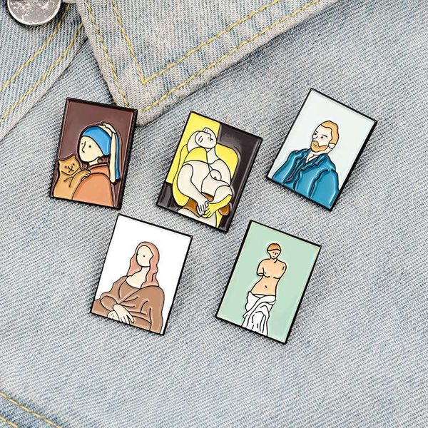 

cartoon badges classic mona lisa gogh oil painting brooches famous artwork enamel pin jewelry backpack shirt accessories, Gray