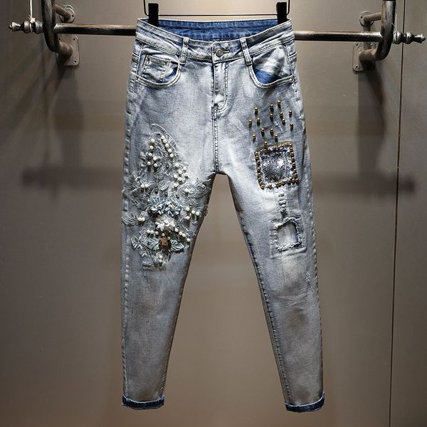 

plus size heavy pearls beads sequins casual denim jeans woman autumn fashion ripped loose women jeans femme stretchy pants, Blue