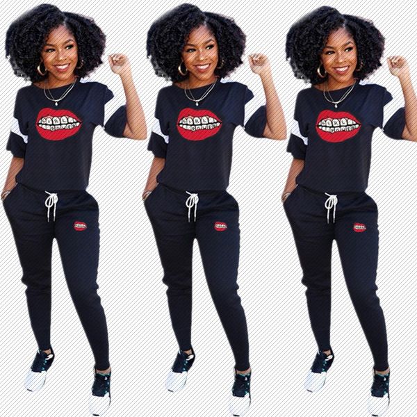 

h8850 independent station selling european and american womens lip offset printing two-color stitching two-piece set, Gray