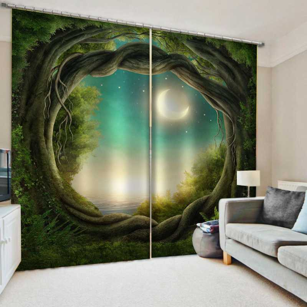 

customized size luxury blackout 3d window curtains for living room green forest curtain hole moon curtains