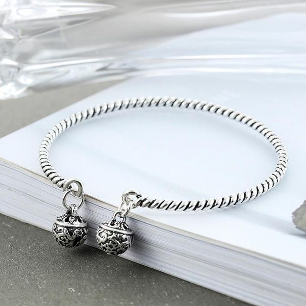

925 sterling silver retro double bell thai silver bangle fashion twist rope open cuff bangle bracelet for women men s-b293, Black
