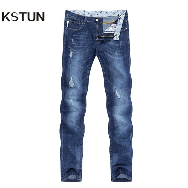

kstun jeans men slim fit blue summer thin ripped jeans men streetwear hip hop denim pants men's clothes wholesale dropshipping