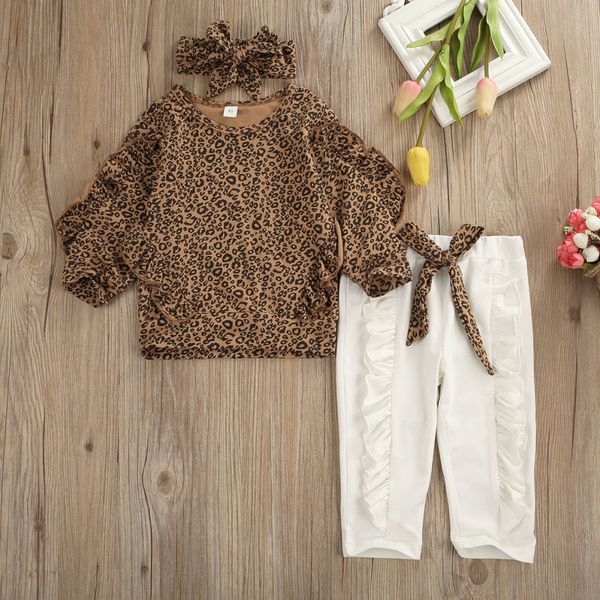 

ins girl round collar long sleeve leopard print + solid color pants butterfly pants leopard print bow belt three-piece set