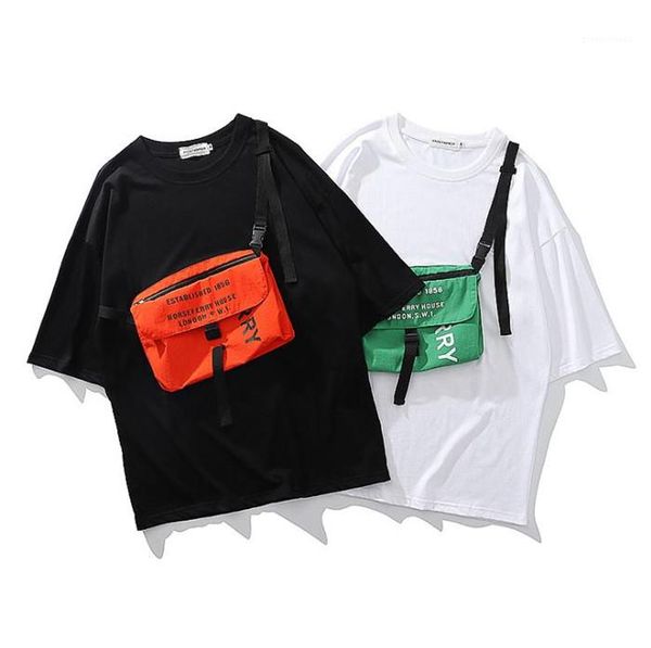 

teenagers hiphop cross bag tshirts summer drsigner loose panelled 2020 tooling trend crew neck street wears mens fashion casaul tees, White;black
