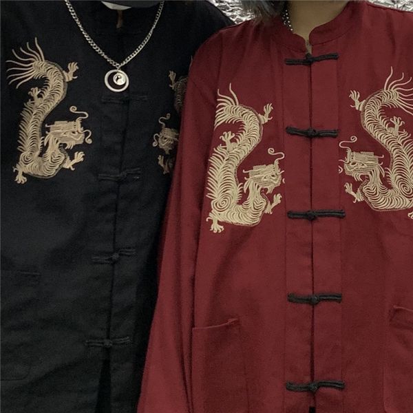 

new year chinese style dragon hanfu loose blouse vintage embroidery tang suit traditional fashion coats streetwear, Red