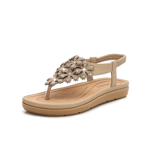 

woman sandals beaded bohemian clip toe comfortable thong shoes boho elastic band back strap flat beach shoes, Black