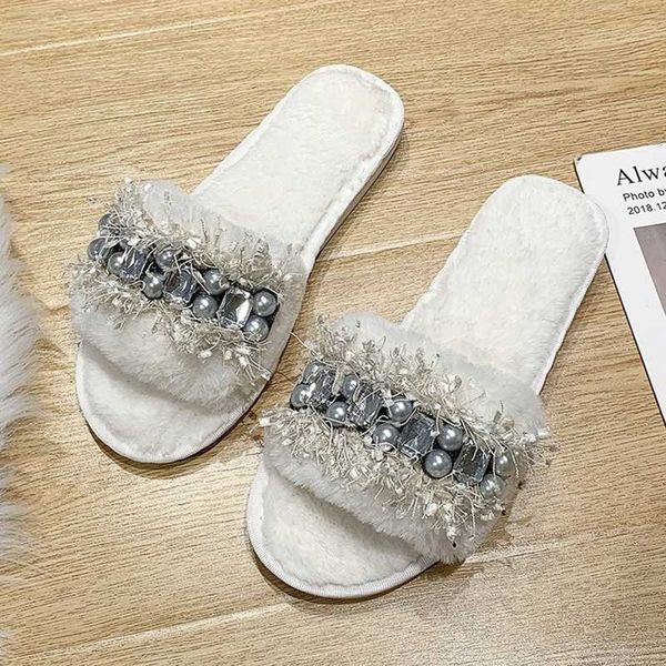 

rimocy fashion string bead soft plush slippers women fluffy comfortable indoor slippers woman casual thick bottom warm shoes, Black